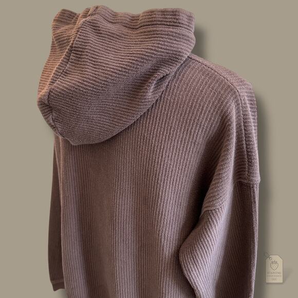 Aerie 100% Cotton Ribbed Knit Hoodie Brown Taupe S Cozy Fall Neutral - Picture 5 of 8